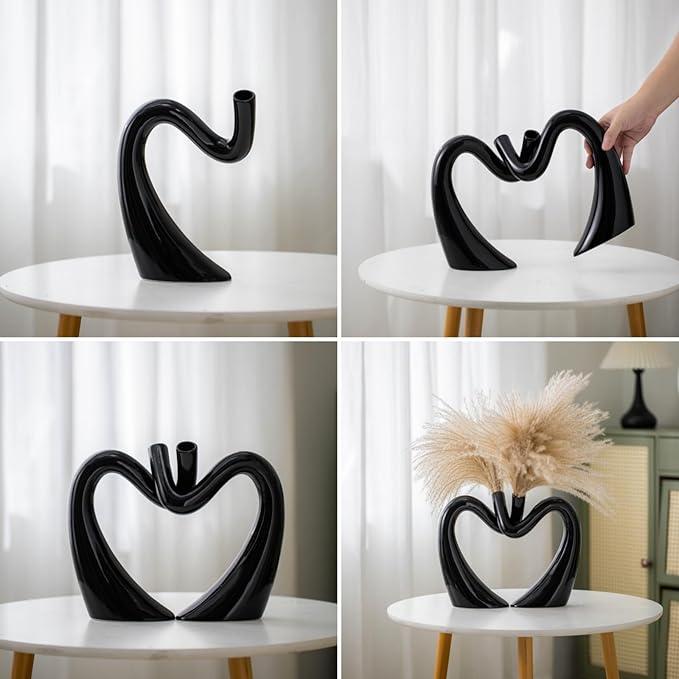 Black Hollow Ceramic Vases for Home Decor, Love Heart Snuggle Vase Set of 2, Modern Nordic Aesthetic Decorative Vase for Table Centerpiece Living Room Decoration (W 11.8" X H 9.8")