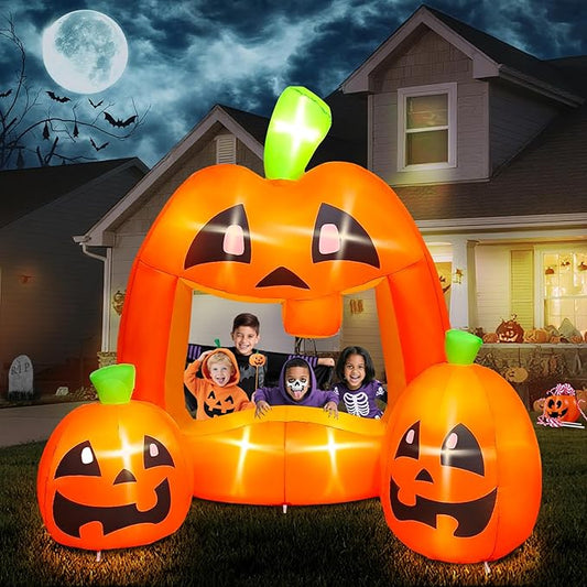 Kalolary 7ft Halloween Inflatables Pumpkin Photo Booth, Blow Up Quirky Pumpkin Photo Frame Inflatables Build-in LEDs Holiday Blow Up Inflate Decorations for Outdoor, Indoor, Lawn, Yard Display Decor