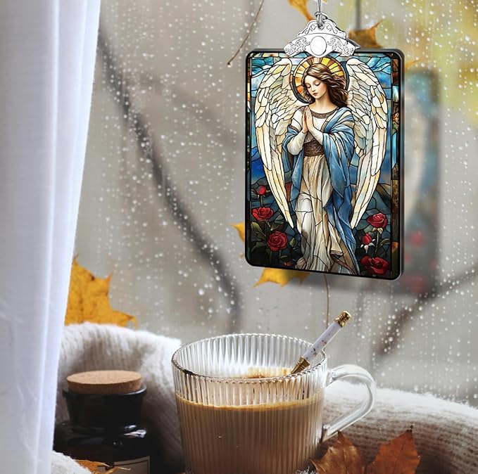 Angel Stained Glass Ornament, 2025 Christmas Tree Hanging Decoration for Religious Holiday Decor or Gift Exchange, 3.8 x 2.4 Inch