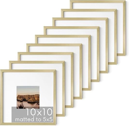 HAUS AND HUES 10x10 Gold Metal Picture Frames Matted to 5x5 - Features Premium Aluminum & Hanging Hardware, Shatterproof Plexiglass - Ideal for Home, Room, Office (10x10 in, Gold, Set of 9)
