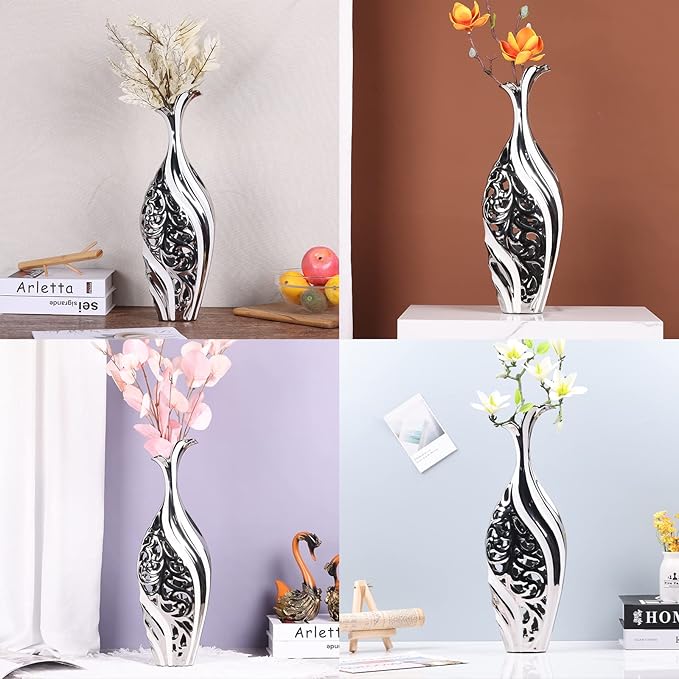 19 inch Floor Standing Large vase, Silver White Ceramic vase, Hollowed Out Large vase, Unique Pampas Grass vase Suitable for Living Room Floor, Home Office, Porch Home Center Decorative Large vase