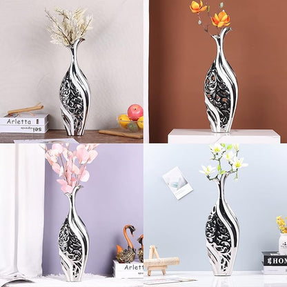 19 inch Floor Standing Large vase, Silver White Ceramic vase, Hollowed Out Large vase, Unique Pampas Grass vase Suitable for Living Room Floor, Home Office, Porch Home Center Decorative Large vase