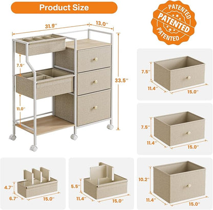 Baby Organizer and Storage - 3 Tier Rolling Cart with Dividers and Drawers, Easy to Assemble, Mobile Utility Cart with Wheels for Nursery, Bedroom, Changing Table & Crib,Off White