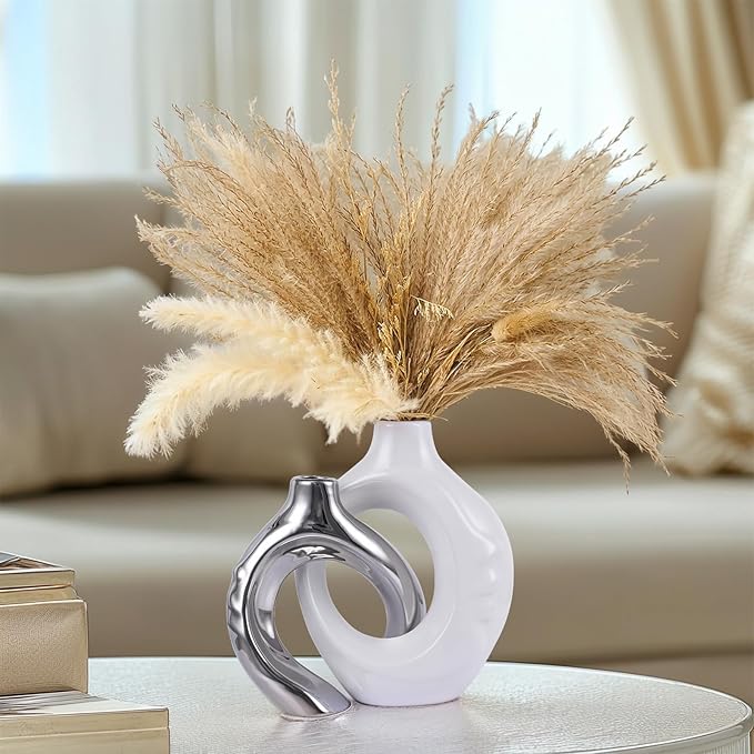 White and Silver Donut Vases, Set of 2, Ceramic Round Modern Vases, Neutral Minimalist Vases for Dining Room Table Centerpiece, Living Room Wedding Table Decoration