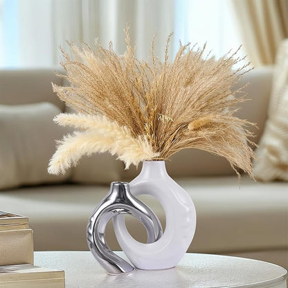 White and Silver Donut Vases, Set of 2, Ceramic Round Modern Vases, Neutral Minimalist Vases for Dining Room Table Centerpiece, Living Room Wedding Table Decoration