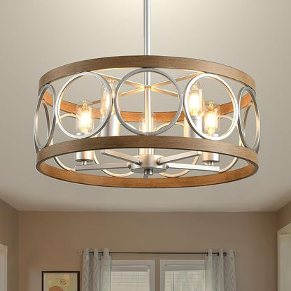 Semi Flush Mount Ceiling Light Fixture,Rustic Vintage 5-Light Chandelier Lighting19.7 (Silver),Wood Grain with Round Metal Shade for Dining Room Hallway Entryway Bedroom Living Room