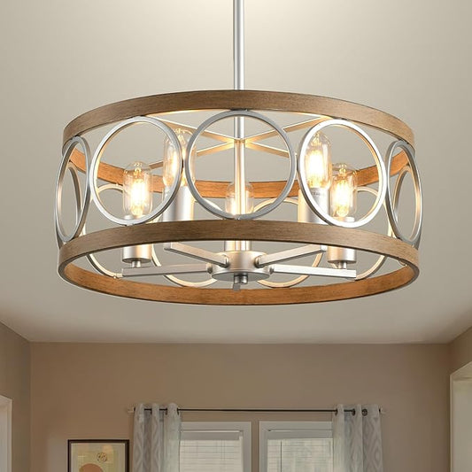 Semi Flush Mount Ceiling Light Fixture,Rustic Vintage 5-Light Chandelier Lighting19.7 (Silver),Wood Grain with Round Metal Shade for Dining Room Hallway Entryway Bedroom Living Room