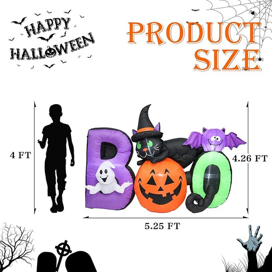 MUMTOP Halloween Inflatables Outdoor Decorations - 5 FT Pumpkin Inflatable with Ghost, Black Cat and Bat, Halloween Blow Up Yard Decorations with Built-in LED Lights for Party Yard Garden