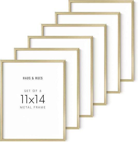 HAUS AND HUES Gold Photo Frames 11x14-11x14 Picture Frame Set of 6, Gold Picture Frames 11x14 Frame Gold Set, Picture Frames Gold 11x14 Frame Pack of 6, Frame Set 11x14 (Gold Aluminum Frames)