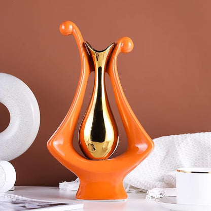 Orange Gold Abstract Art Ceramic Vases for Home Décor Accent,Nordic Modern Minimalist Vases for Flowers,Shelf,Table Centerpieces,Bookshelf,Fireplace Mantle,Rustic,Wedding,Mid Century Décor