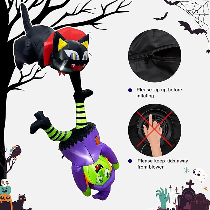 OurWarm 8FT Halloween Inflatables Outdoor Decorations, Cat and Witch Halloween Blow Up Yard Decorations with LED Lights, Inflatable Halloween Decorations for Outdoor Indoor Party Roof Lawn Yard Decor