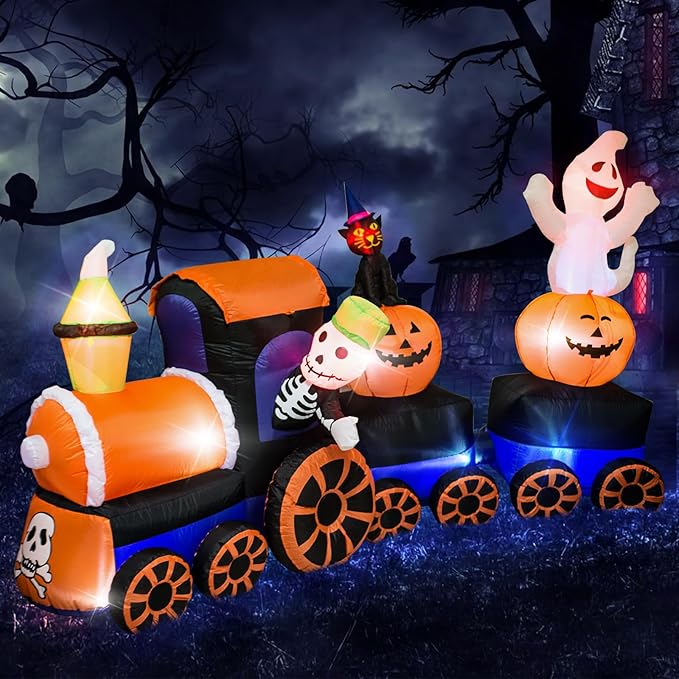 AJY 9 Feet Halloween Inflatable Train with Kittens White Ghosts/Pumpkin with LED Lights Blow up Lighted Yard Decor Giant Lawn Halloween Inflatable Home Garden Party Favor Decoration