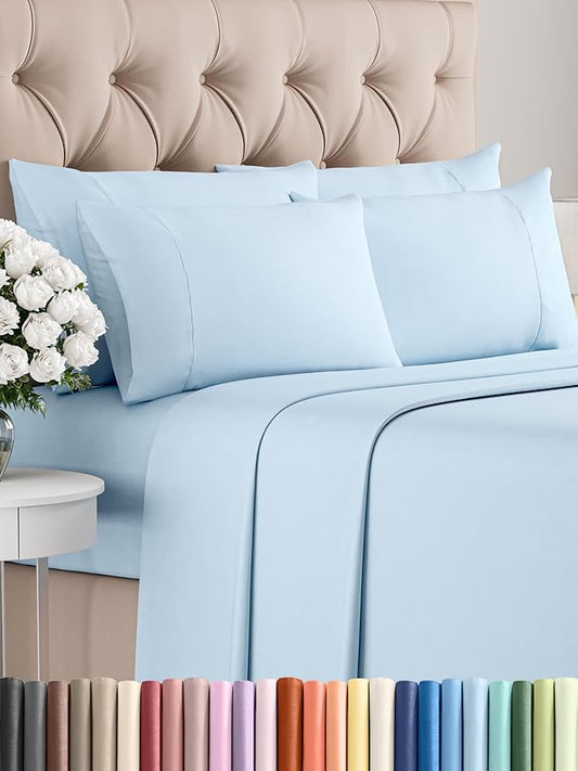 CGK Linens Cal King 6 Piece Sheet Set - Cooling Sheets for Hot Sleepers - Hotel Luxury Bedding Set with 8-16 Inch Deep Pockets - 1 Flat & 1 Fitted & 4 Pillowcases - Soft and Wrinkle Free - Baby Blue
