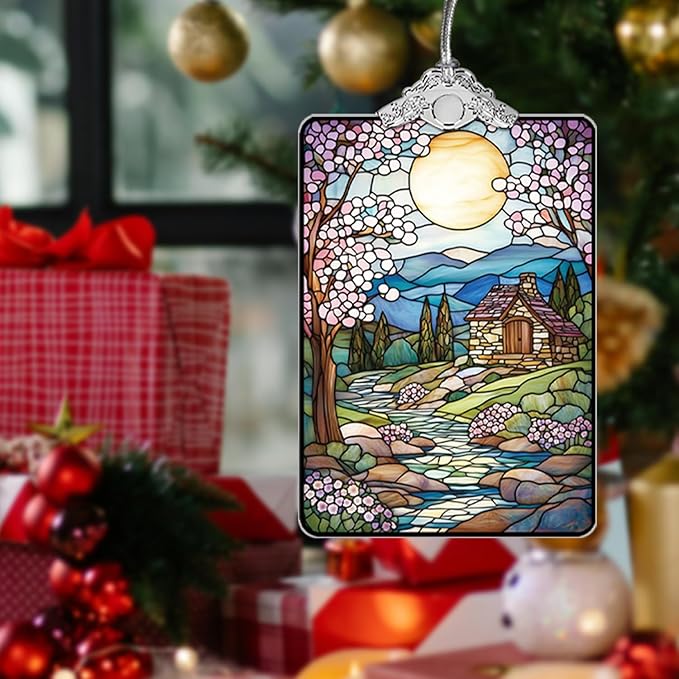 Cottage Landscape Stained Glass Ornament, 2025 Christmas Tree Hanging Decoration for Gift Exchange or Stocking Stuffer, Holiday Decor, 3.8 x 2.4 Inch