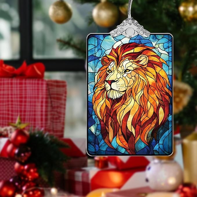 Lion Stained Glass Ornament, 2025 Christmas Tree Hanging Decoration for Gift Exchange or Stocking Stuffer, Holiday Safari Animal Decor, 3.8 x 2.4 Inch