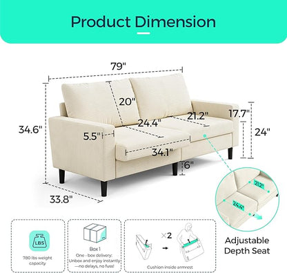 LINSY 79'' Beige Loveseat Sofa - Comfy Couch Corduroy Love Seat Couch with Adjustable Seat Depth Ergonomic Design Modern 2-Seater Soft Sofa for Living Room Bedroom Apartment Office, Beige