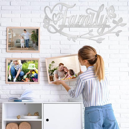Family Where Life Begins Love Never Ends Word Sign Metal Wall Decor, Silver Home Decor Wall Art Decorations, Letters Quotes Sign for Living Room Bedroom Kitchen Indoor Outdoor Decor(28 x 13in)