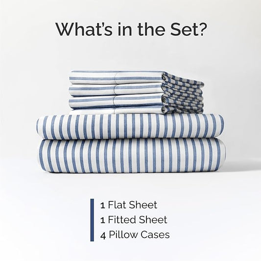 CGK Linens Queen 6 Piece Sheet Set - Cooling Sheets for Hot Sleepers - Hotel Luxury Bedding Set w/ 8-16 Inch Deep Pockets - 1 Flat & 1 Fitted & 4 Pillowcases - Soft, Cozy & Wrinkle Free - Blue Stripes