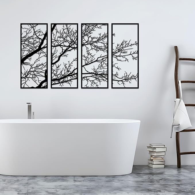 ESTART 4 Pieces Tree of Life Metal Wall Decor, Black Tree Branch Metal Wall Art, Tree Sign Wall Hangings for Home Garden Office Living Room Indoor Outdoor (Large)