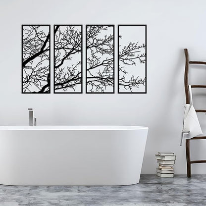 ESTART 4 Pieces Tree of Life Metal Wall Decor, Black Tree Branch Metal Wall Art, Tree Sign Wall Hangings for Home Garden Office Living Room Indoor Outdoor (Large)