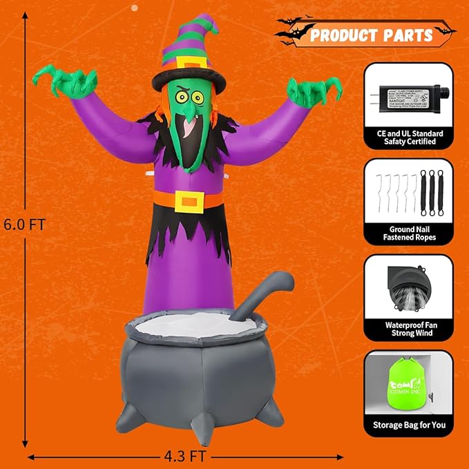 COMIN 6FT Halloween Inflatables Animated Witch Waving Hands Blow Up Outdoor Yard Decorations Garden Lawn Decor