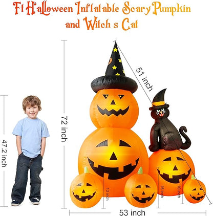 6 FT Halloween Inflatable Decorations Spooky Ghost Pumpkin Lighted and Witch's Cat, Halloween Decorations Outdoor Inflatables Pumpkin Combo with Build-in LED Blow Up Inflatables for Yard Garden