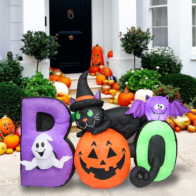6 FT Long Halloween Inflatable Boo Black Cat with Pumpkin and Ghost Outdoor Decoration, Holiday Decorations Built-in White LED Light Blow Up Halloween Decorations for Yard, Garden, Lawn,Holiday, Party