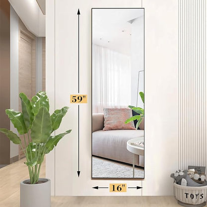 Sweetcrispy Full Length Mirror with stand, 59"x16" Floor Mirror with Aluminum Alloy Frame for Bedroom, Standing Full Body Mirror with Shatter-proorf Nano Glass for wall, Living Room, Cloakroom (Black)