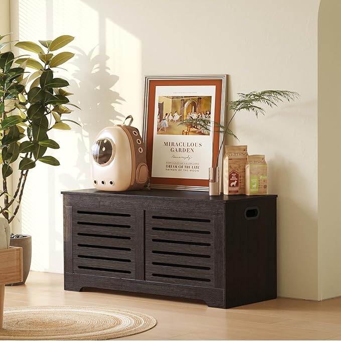 DINZI LVJ Storage Chest, 43.3” Wooden Toy Box with 2 Safety Hinges, Retro Entryway Shoe Storage Bench with Flip-Top, Sturdy Large Storage Trunk for Living Room, Bedroom, Easy Assembly, Espresso