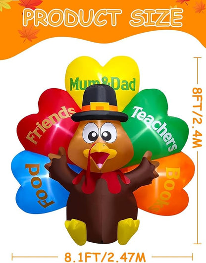 Kalolary 8FT Thanksgiving Inflatables Decorations,Giant Turkey Inflatables with Pilgrim Hat &Colorful Tail Fall Blow Up Yard Decorations with Build-in Lights for Garden Lawn Outdoor Thanksgiving Decor