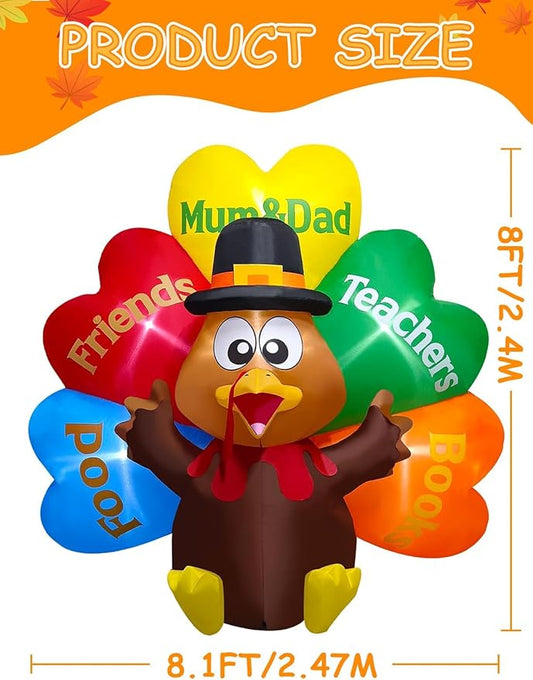 Kalolary 8FT Thanksgiving Inflatables Decorations,Giant Turkey Inflatables with Pilgrim Hat &Colorful Tail Fall Blow Up Yard Decorations with Build-in Lights for Garden Lawn Outdoor Thanksgiving Decor