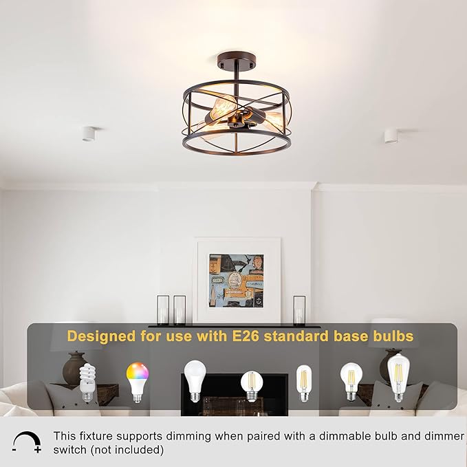 Industrial Farmhouse Semi Flush Mount Ceiling Light, 3-Light Drum Shade Fixture, Black