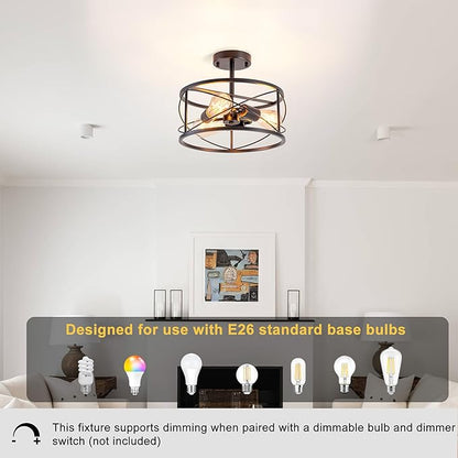 Industrial Farmhouse Semi Flush Mount Ceiling Light, 3-Light Drum Shade Fixture, Black