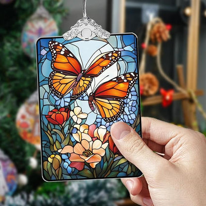 Butterfly Stained Glass Ornament, 2025 Christmas Tree Hanging Decoration for Gift Exchange or Stocking Stuffer, Floral Holiday Decor, 3.8 x 2.4 Inch