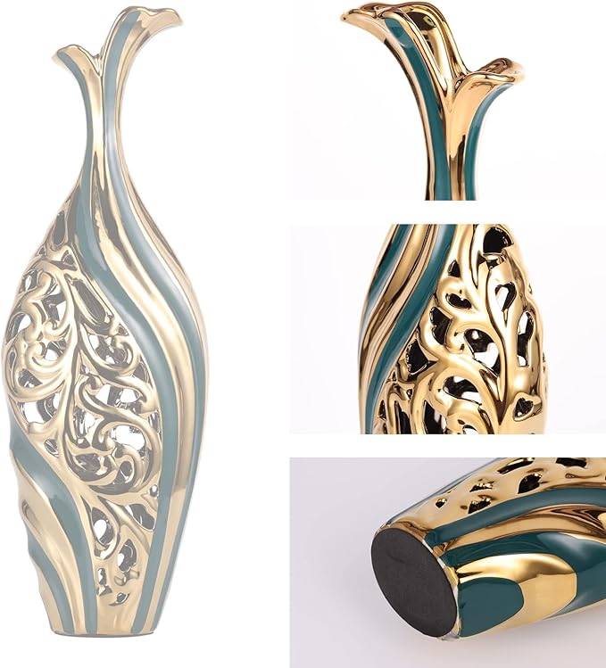 19 inch Tall Floor vase, Green and Gold Ceramic vase, Pottery Decorative vase, Unique Pampas Grass vase Suitable for Living Room Floor, Home Office, Porch Home Centerpiece Decorative Large vase