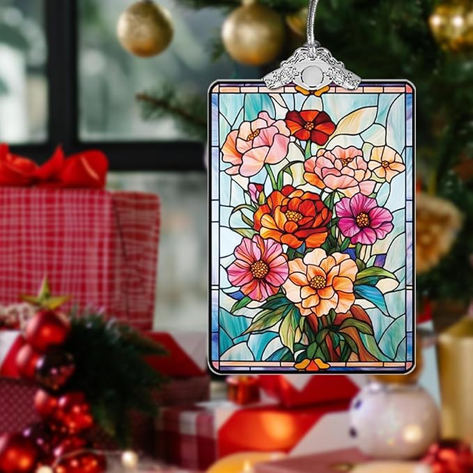 Floral Stained Glass Ornament, 2025 Christmas Tree Hanging Decoration for Gift Exchange or Stocking Stuffer, Holiday Bloom Decor, 3.8 x 2.4 Inch