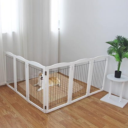 ZJSF Freestanding Foldable Dog Gate - Extra Wide White Puppy Gate for Stairs & Doorways - Tall 4 Panels Wooden Pet Fence