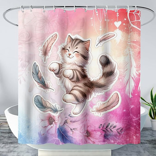 AILONEN Cartoon Cat Shower Curtain,Kawaii Dance Kitten and Feathers Bathroom Curtain Set for Kids Boys,Cute Animal Kittens Waterproof Shower Curtain for Bathroom, 60" W*72" H Pink