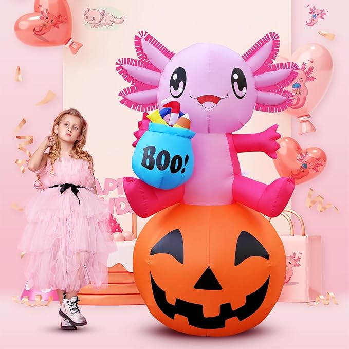 anroog Halloween Decorations Outdoor 5.2FT Axolotl Inflatables Pumpkin Blow Up Yard Decorations with LED Lights Halloween Outside Lawn Party Decor (Axolotl Pumpkin Inflatables)