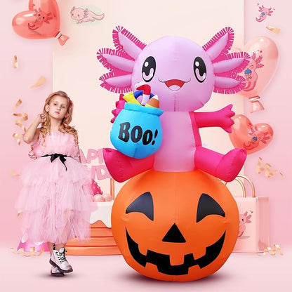 anroog Halloween Decorations Outdoor 5.2FT Axolotl Inflatables Pumpkin Blow Up Yard Decorations with LED Lights Halloween Outside Lawn Party Decor (Axolotl Pumpkin Inflatables)
