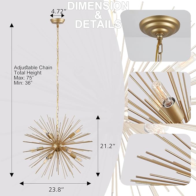 23.8" Modern Golden Sputnik Chandelier 9-Lights Starburst Chandelier Light Fixture Luxury Gold Solid Metal Sputnik Chandeliers for Dining Room, Kitchen, Bedroom, Living Room, Foyer, E12