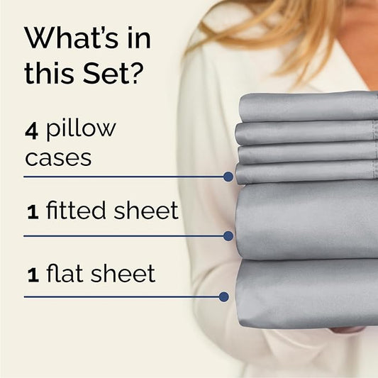 CGK Linens Queen 6 Piece Sheet Set - Cooling Sheets for Hot Sleepers - Hotel Luxury Bedding Set w/ 8-16 Inch Deep Pockets - 1 Flat & 1 Fitted & 4 Pillowcases - Soft, Comfy & Wrinkle Free - Steel Blue