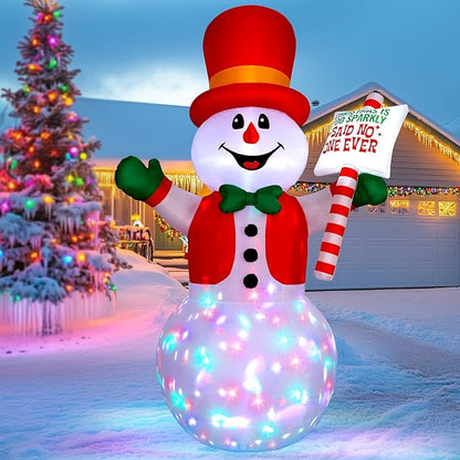 8ft Christmas Inflatable Outdoor Decoration Snowman, Gentleman Snowman Holding Sign Welcoming Guest, Built-in Rotating Disco Light, Blow Up Outside Decor for Xmas Holiday Lawn Yard Garden