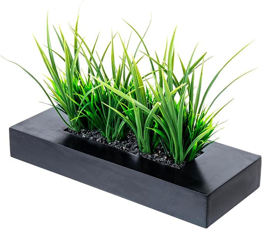 MyGift Large Artificial Green Grass Plants Potted in 14-Inch Matte Black Wood Decorative Planter, Tabletop Faux Greenery in Wooden Rectangular Pot Centerpiece Décor