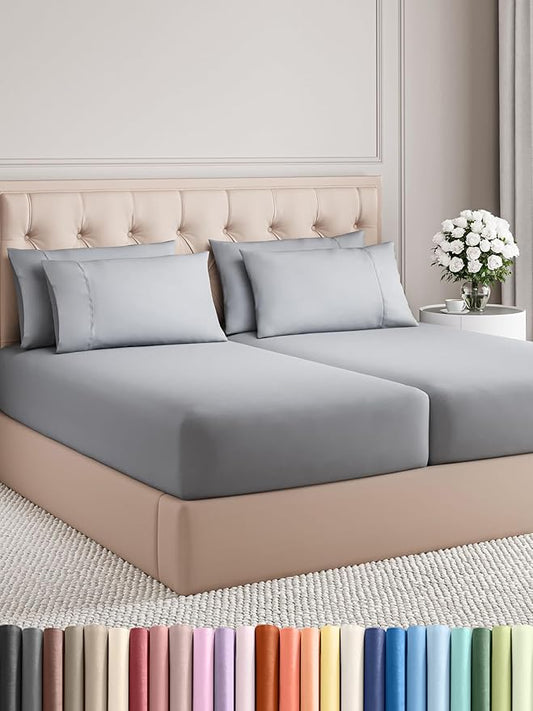 CGK Linens Split King 7 Piece Sheet Set - Cooling Sheets for Hot Sleepers - Hotel Luxury Bedding Set with 8-16 Inch Deep Pockets - 1 Flat & 2 Fitted & 4 Pillowcases - Soft & Wrinkle Free - Split King