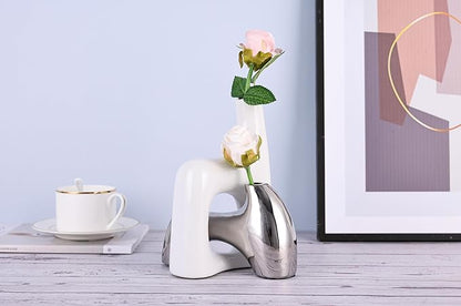Intertwining Vase Set Snuggle Hollow Ceramic Vase Set of 2 White and Silver Vase Modern Boho Home Decor for Neutral Minimalist Vase for Dining Room Table Centerpiece Dining Room,Wedding Table Deco
