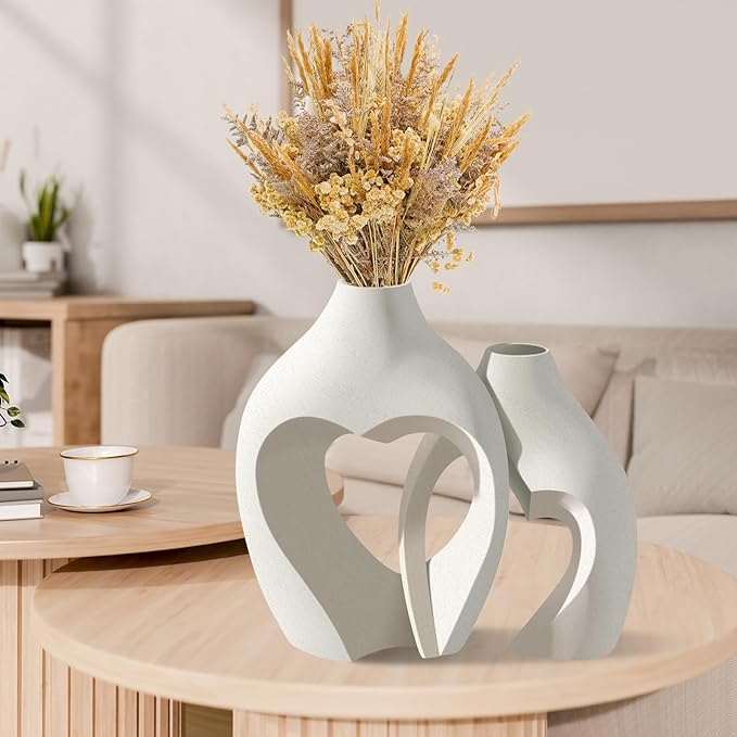 White Vases for Decor, Heart Shaped Ceramic Vase Set of 2, Nordic Modern Heart Vases, Minimalist Decorative Vase for Table Centerpiece Wedding Living Room House Decoration