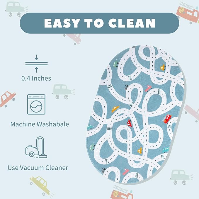 LIVEBOX Blue 3'x5' Non-Slip Kids Play Rug, Machine Washable Road Mat for Playroom, Toy Room Carpet with Cartoon Design for Boys and Girls