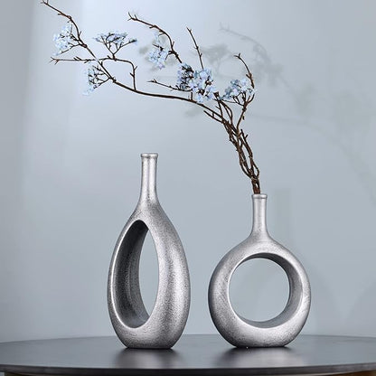 Vintage Silver Ceramic Vase Set 2,Modern Hollow Circle with Hole Flower Vase for Home Decor,for Table Centerpieces,Farmhouse,Fire Place,Living Room,Bedroom,Office,Bookshelf,Rustic Decor