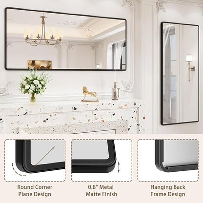 New Upgrade 60X28 Inch Wall Mounted Bathroom Mirror, Black Metal Frame Rounded Rectangle Mirror, Bathroom Vanity Mirror with Tempered Glass for Washroom Bedroom Living Room